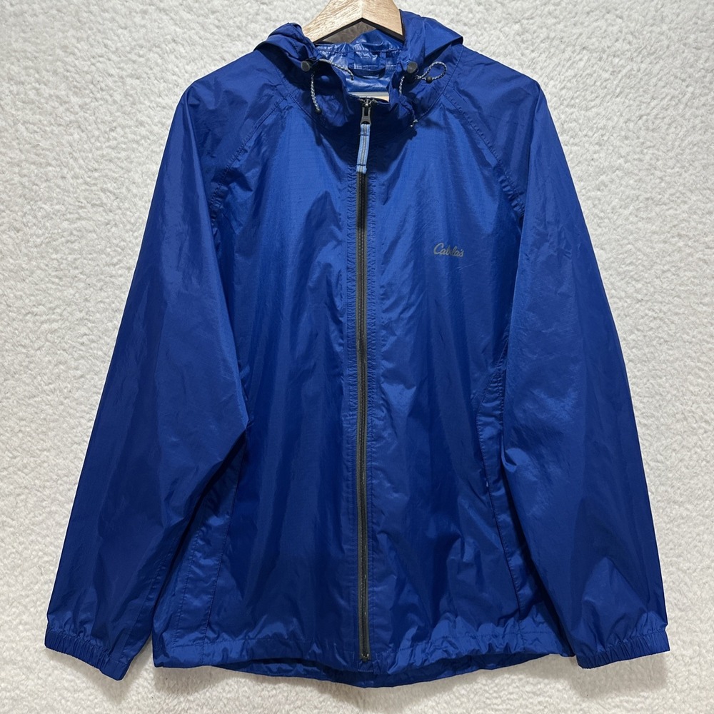 Cabelas Jacket Men's Blue Full Zip‎ Hooded Windbreaker Zip Pockets Jacket Sz L